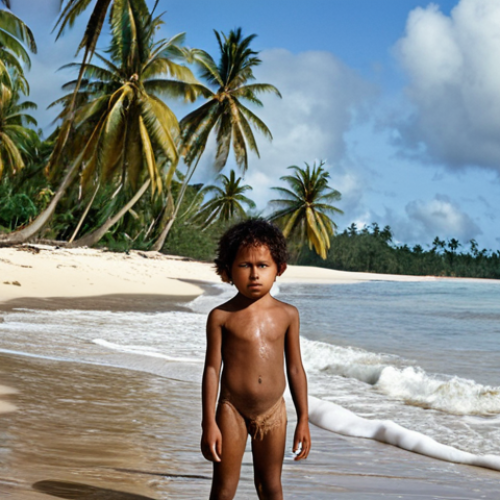 **A poignant photograph of a young Tuvaluan child standing on a beach, the rising sea visibly encroaching on their home, with dying coconut trees in the background. Capture the emotion of loss and uncertainty about the future.**