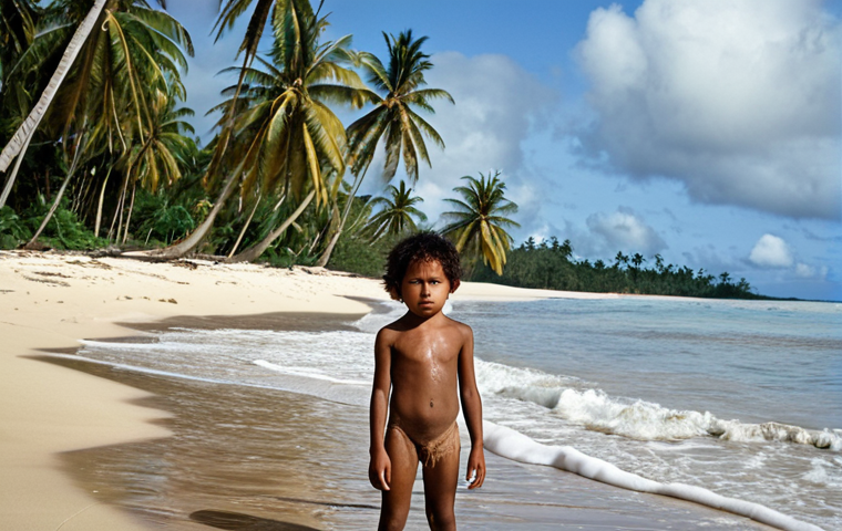 **A poignant photograph of a young Tuvaluan child standing on a beach, the rising sea visibly encroaching on their home, with dying coconut trees in the background. Capture the emotion of loss and uncertainty about the future.**