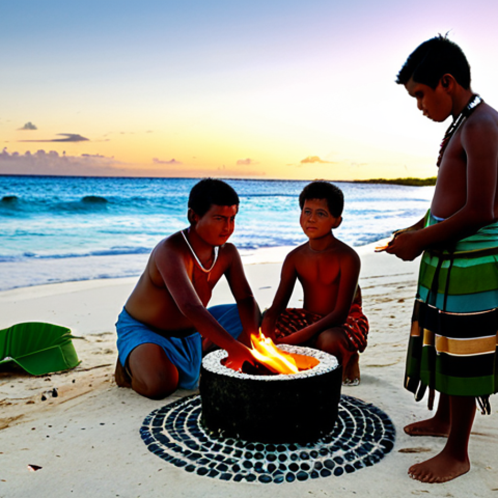 A group of Tuvaluan islanders, fully clothed in modest, traditional attire, demonstrating the 'Umu' earth oven cooking method on a pristine beach at sunset. Freshly caught tuna and plump shrimp wrapped in banana leaves are being carefully placed over hot stones in the Umu pit. In the background, a calm ocean sparkles under a warm sky. The scene conveys a sense of community, tradition, and respect for nature, safe for work, appropriate content, perfect anatomy, correct proportions, natural pose, well-formed hands, proper finger count, natural body proportions, family-friendly, professional photography, high quality.
