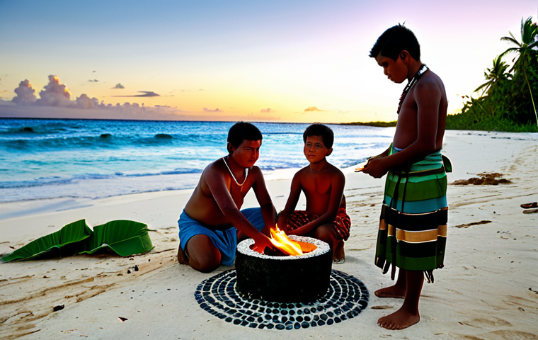 A group of Tuvaluan islanders, fully clothed in modest, traditional attire, demonstrating the 'Umu' earth oven cooking method on a pristine beach at sunset. Freshly caught tuna and plump shrimp wrapped in banana leaves are being carefully placed over hot stones in the Umu pit. In the background, a calm ocean sparkles under a warm sky. The scene conveys a sense of community, tradition, and respect for nature, safe for work, appropriate content, perfect anatomy, correct proportions, natural pose, well-formed hands, proper finger count, natural body proportions, family-friendly, professional photography, high quality.
