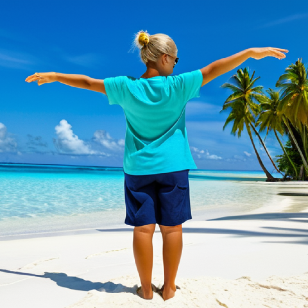 Lagoon Serenity**
"A fully clothed woman in modest, comfortable travel clothes (t-shirt and shorts) stands on a white sand beach, looking out at a stunning turquoise lagoon in Tuvalu. Palm trees frame the scene. Perfect anatomy, correct proportions, natural pose, well-formed hands, proper finger count. Safe for work, appropriate content, family-friendly, high quality, professional photography, clear details, vibrant colors, blue sky and gentle waves."
**