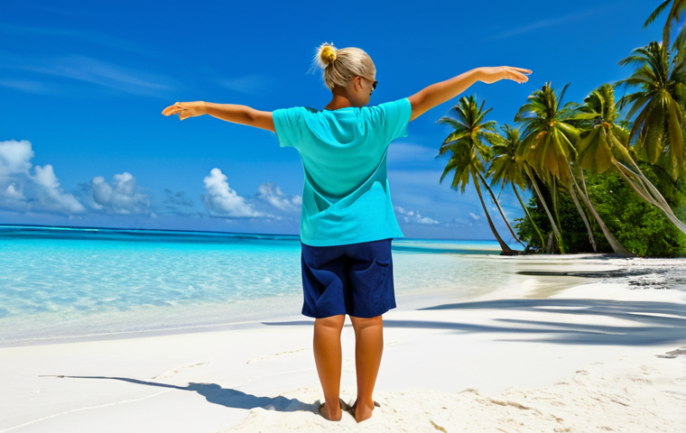 Lagoon Serenity**
"A fully clothed woman in modest, comfortable travel clothes (t-shirt and shorts) stands on a white sand beach, looking out at a stunning turquoise lagoon in Tuvalu. Palm trees frame the scene. Perfect anatomy, correct proportions, natural pose, well-formed hands, proper finger count. Safe for work, appropriate content, family-friendly, high quality, professional photography, clear details, vibrant colors, blue sky and gentle waves."
**