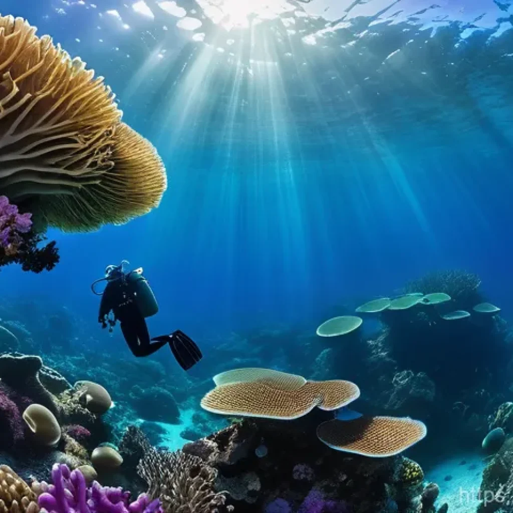 투발루 스쿠버다이빙 명소 - A vibrant underwater scene in Palau. A scuba diver, wearing a full wetsuit and diving gear, graceful...