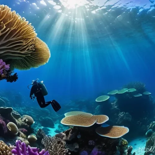 Home 29 투발루 스쿠버다이빙 명소 - A vibrant underwater scene in Palau. A scuba diver, wearing a full wetsuit and diving gear, graceful...
