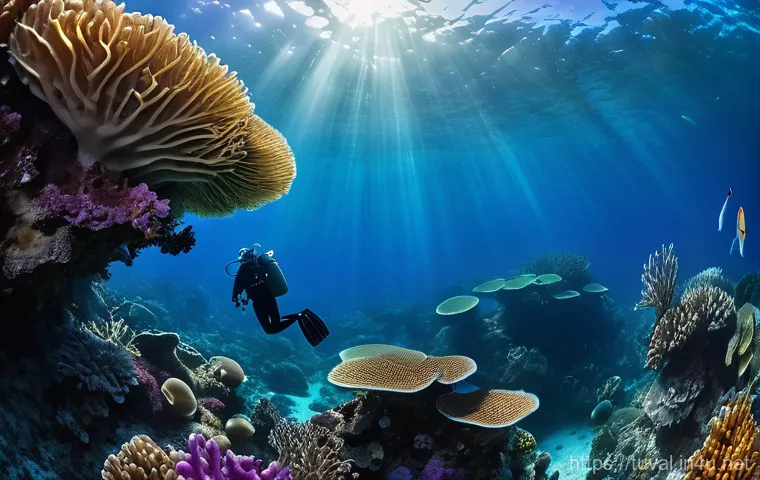 투발루 스쿠버다이빙 명소 - A vibrant underwater scene in Palau. A scuba diver, wearing a full wetsuit and diving gear, graceful...