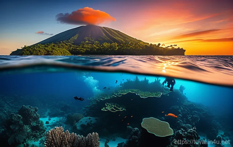 투발루 스쿠버다이빙 명소 - A vibrant underwater scene in Palau. A scuba diver, wearing a full wetsuit and diving gear, graceful... 투발루 스쿠버다이빙 명소 - A vibrant underwater scene in Palau. A scuba diver, wearing a full wetsuit and diving gear, graceful...