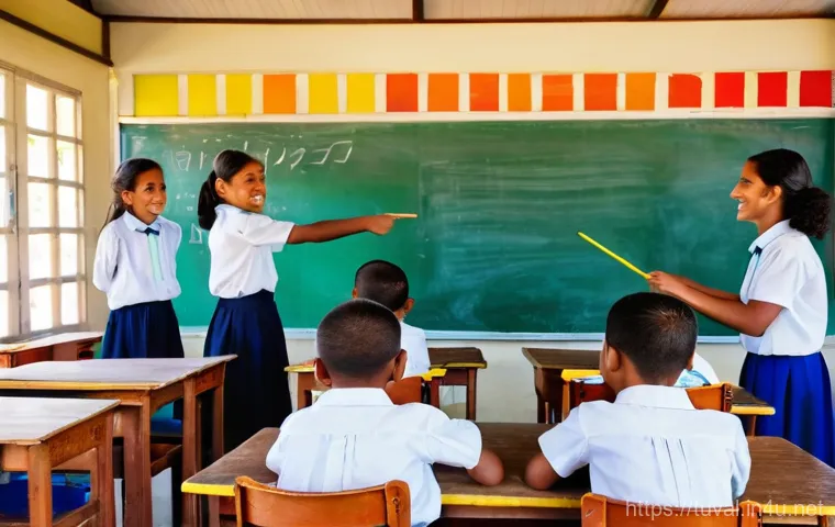 투발루의 학교와 대학 정보 - **Image Prompt 1: Vibrant Childhood Learning by the Pacific Sea**
"A wide shot of a brightly lit...