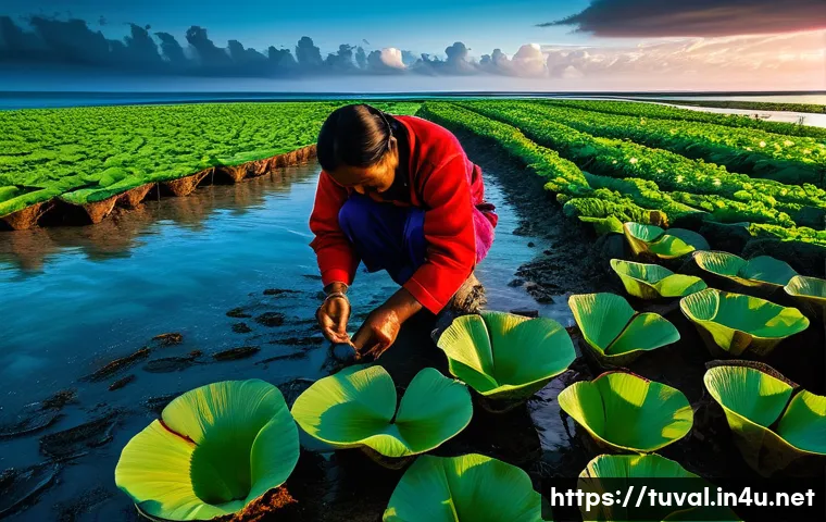 투발루 주요 산업과 생계 - **Prompt 1: Tuvaluan Fishermen and Farms Facing Rising Waters**
"A vibrant, realistic scene capt...