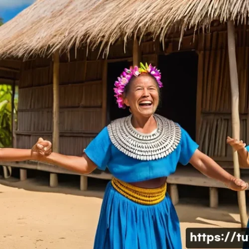 Home 26 투발루의 음악과 악기 종류 - A vibrant scene depicting Tuvaluan people of all ages, dressed in colorful traditional attire, energ...