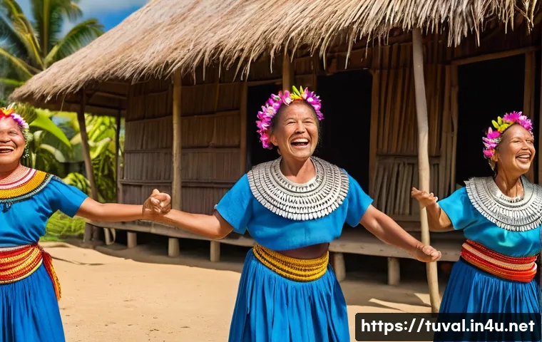 투발루의 음악과 악기 종류 - A vibrant scene depicting Tuvaluan people of all ages, dressed in colorful traditional attire, energ...
