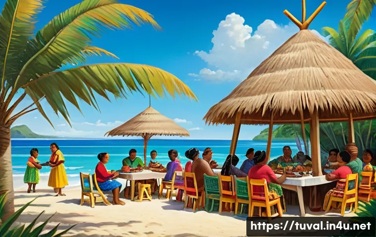 투발루의 민족 구성 - A vibrant scene depicting a Tuvaluan community gathering. Polynesian people, dressed in colorful tra...